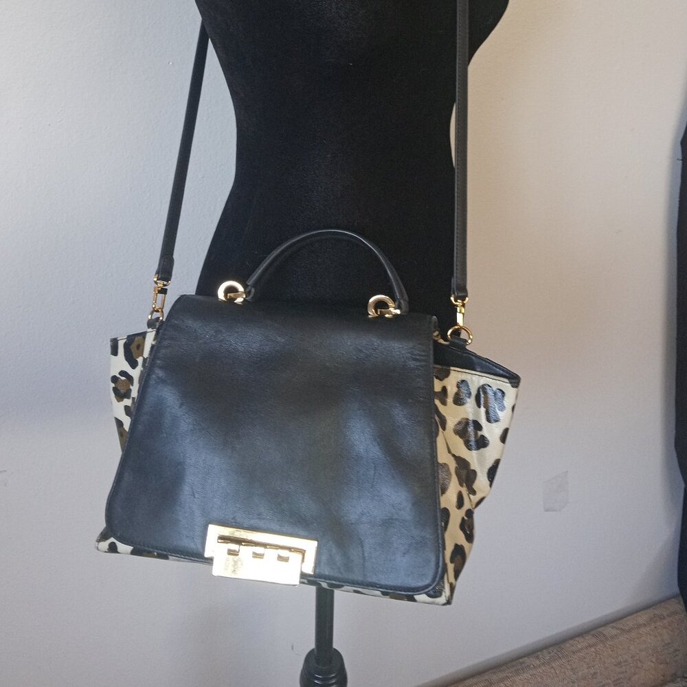 ZAC POSEN "Eartha" Cheetah Print Coated Canvas and Black Leather Satchel